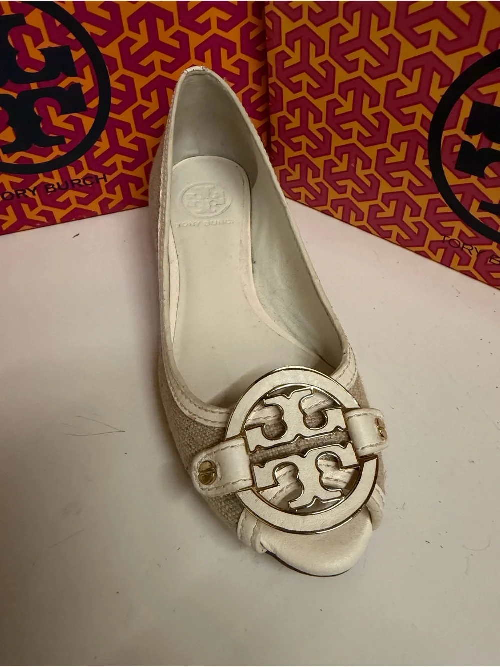 Tory Burch Ivory Peep-Toe Logo Medallion Flats
